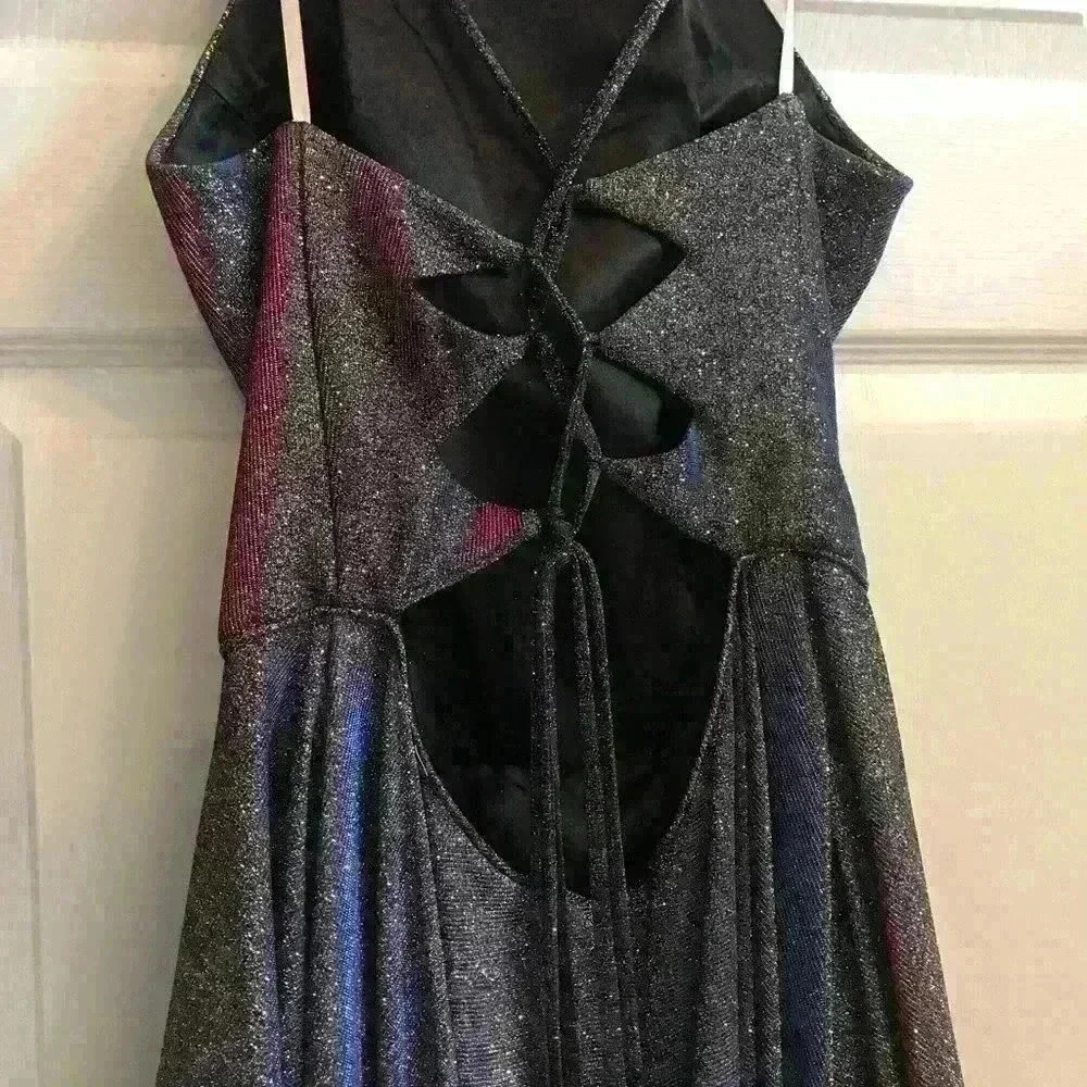 Prom Dress NWT Purple Silver Sparkle CorsetBack High Neck w/Pockets Women’s 10 - Picture 8 of 15